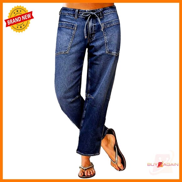 Mid Waist Straight Leg Cropped Jeans with Drawstring Stretchy Denim